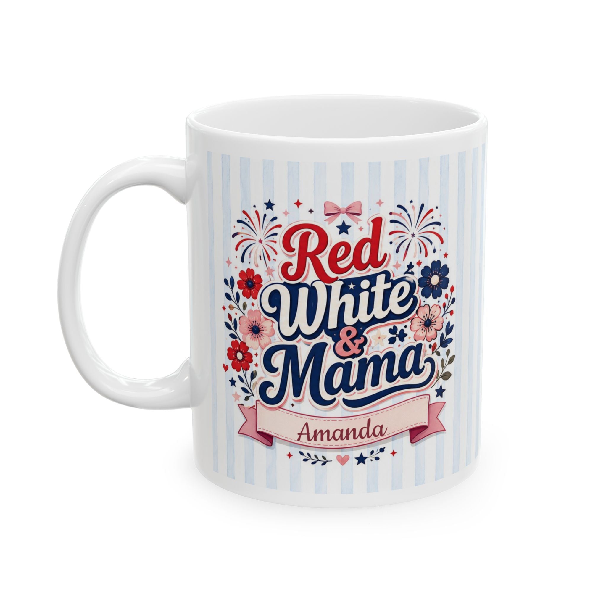 Patriotic mama mug close-up — bold navy and red script with pink bow detail