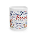 Stars Stripes and Bloom mug front view — cottagecore patriotic design with wildflowers and red gingham bows