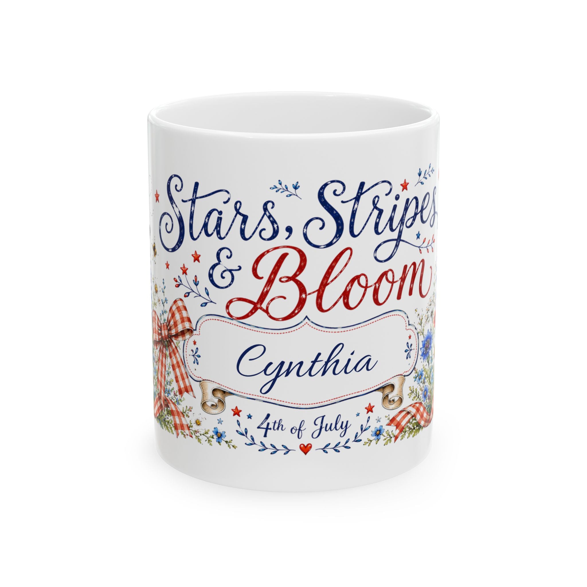 Stars Stripes and Bloom mug front view — cottagecore patriotic design with wildflowers and red gingham bows
