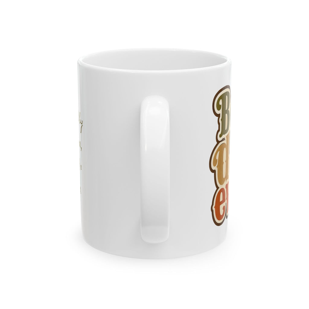 Best Dad Ever earth tones mug in home setting — personalized back text birthday or Father's Day gift