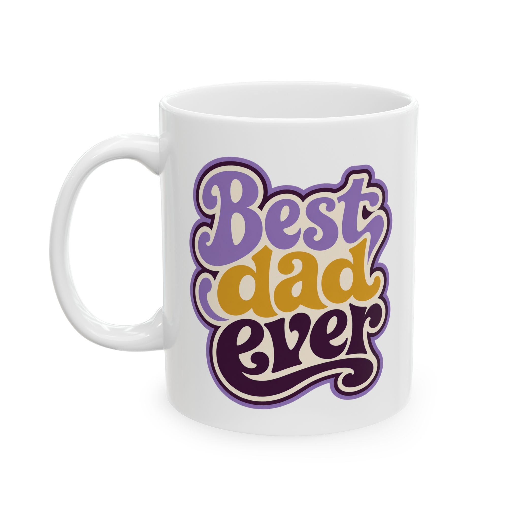 Best Dad Ever mug left side — retro groovy 70s typography in purple and gold