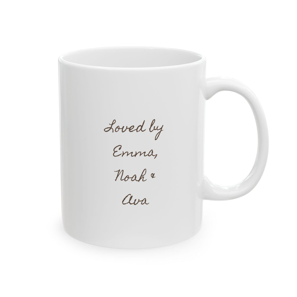 Best Dad Ever badge mug close-up — brown gold and beige typography with grunge detail