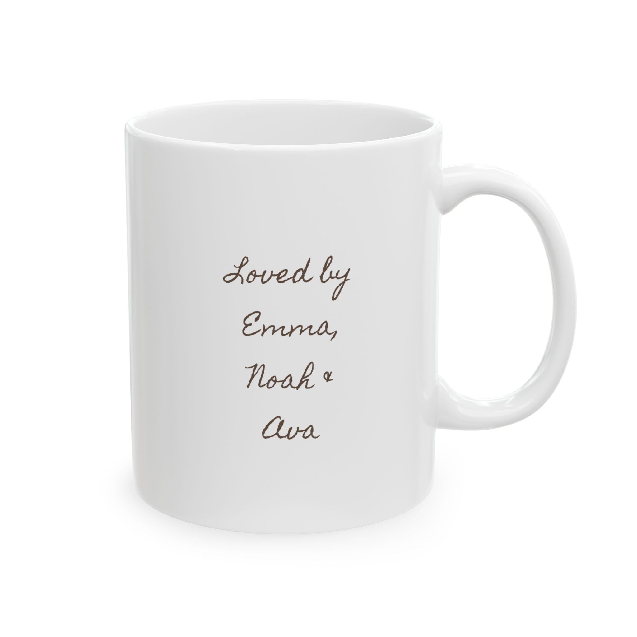 Best Dad Ever badge mug close-up — brown gold and beige typography with grunge detail