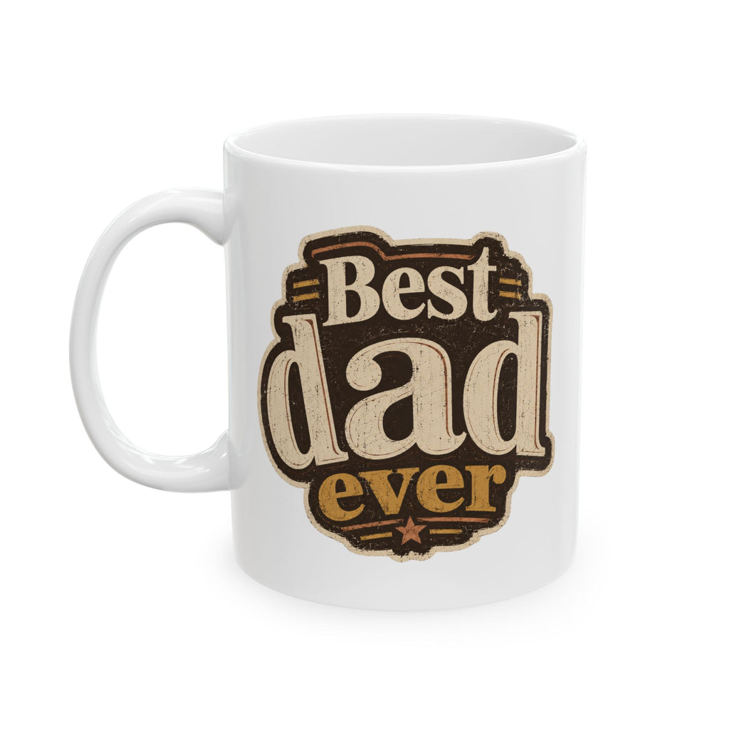 Best Dad Ever vintage badge mug left side — rustic western design in brown beige and gold