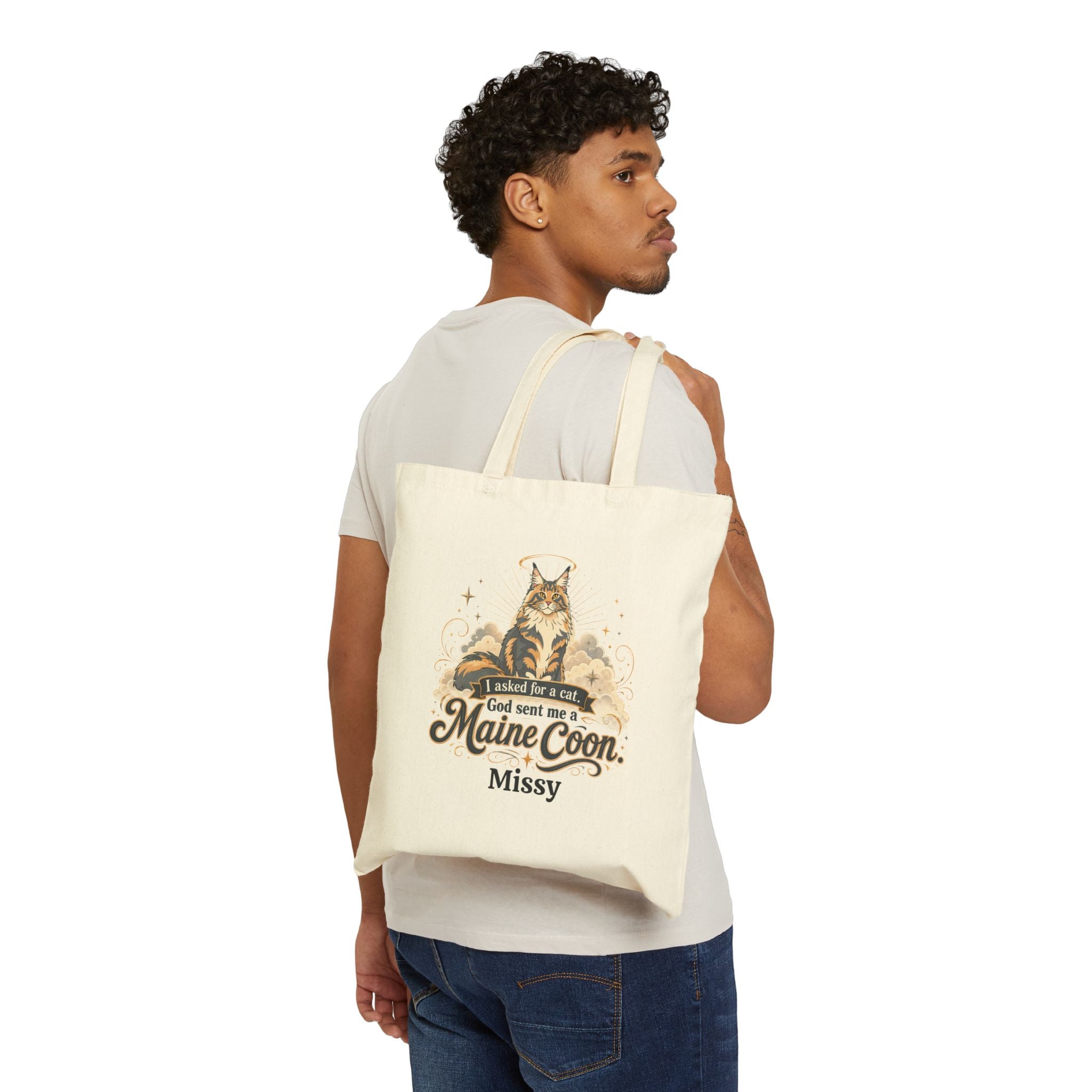 P045 Maine Coon Tote Bag — "God Sent Me a Maine Coon" Personalized Cat Canvas Tote