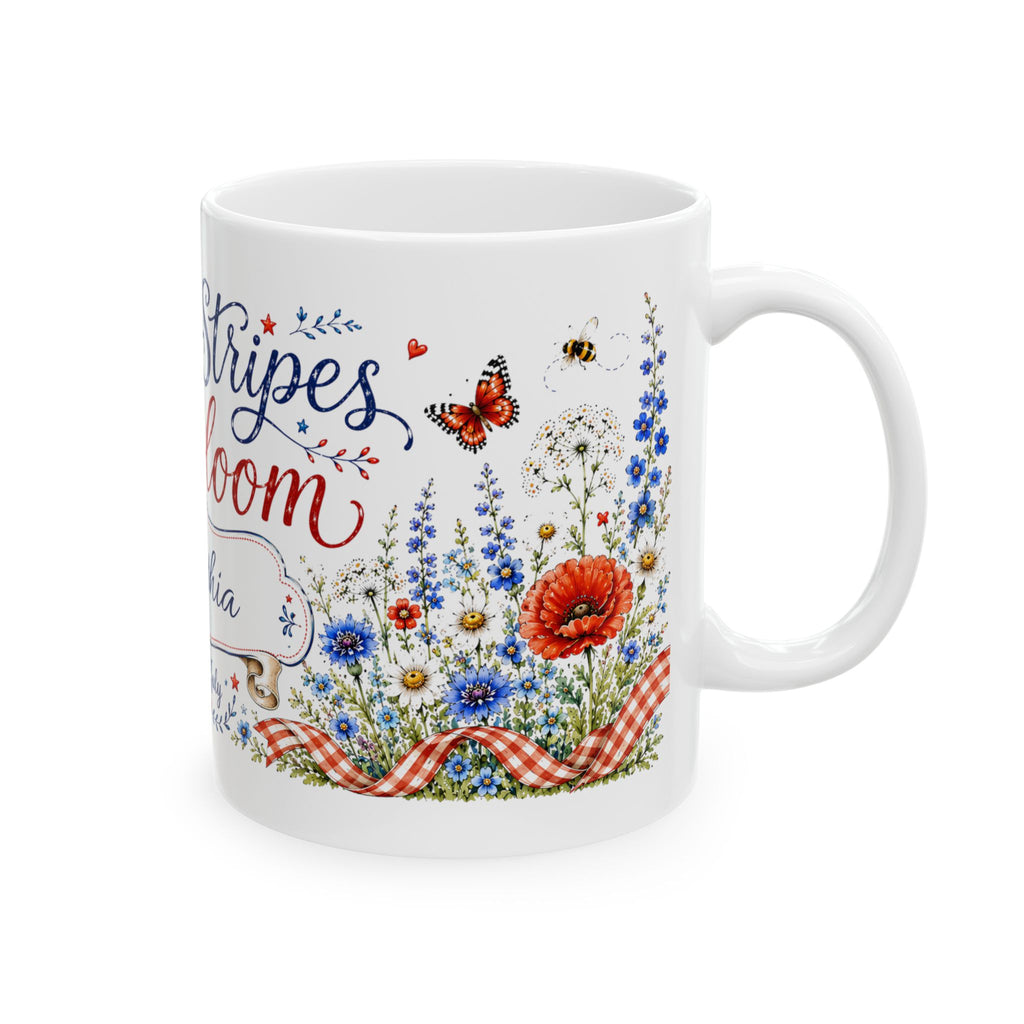 Stars Stripes and Bloom personalized mug lifestyle — Independence Day gift for mom or grandma