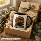 Hunting grandpa mug close-up — retro sunset stripe design with boots and binoculars