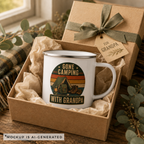 Gone Camping With Grandpa mug close-up — retro sunset stripe design with camping gear