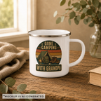 Personalized grandpa camping mug — silver rim enamel camp mug right side view