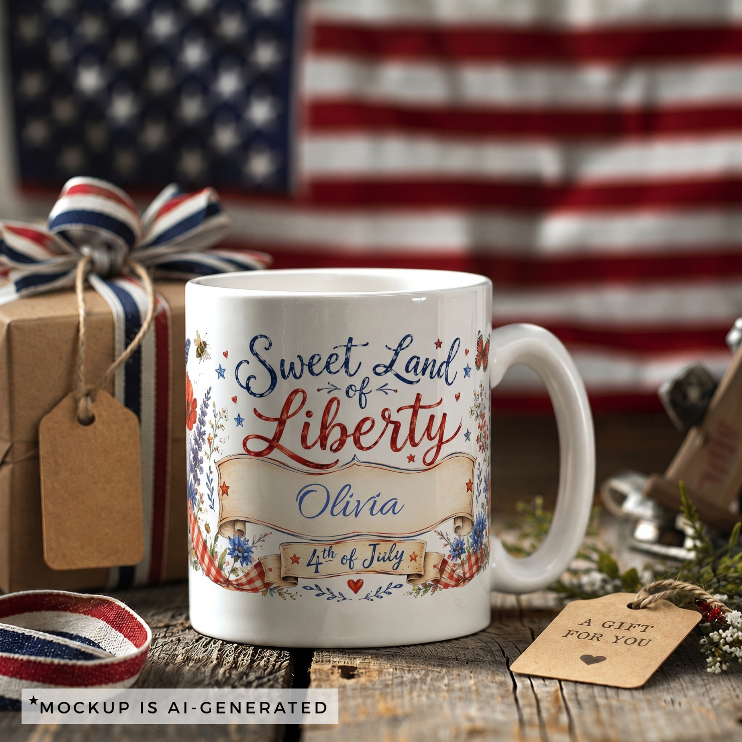 Sweet Land of Liberty mug close-up — hand-lettered script with butterfly and star details