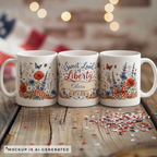 Patriotic personalized mug front view — red white and blue florals with name banner