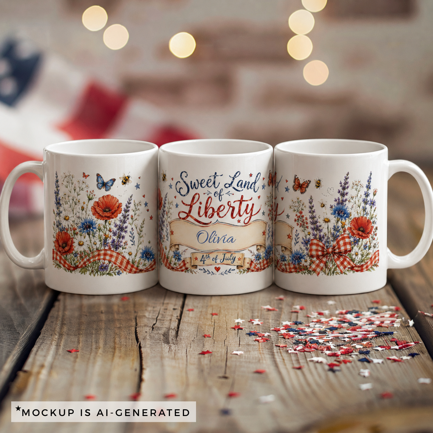 Patriotic personalized mug front view — red white and blue florals with name banner