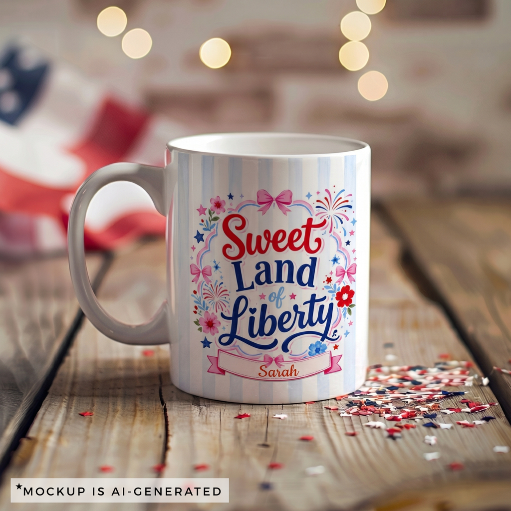 Sweet Land of Liberty Mug — Coquette 4th of July Gift, Personalized Name