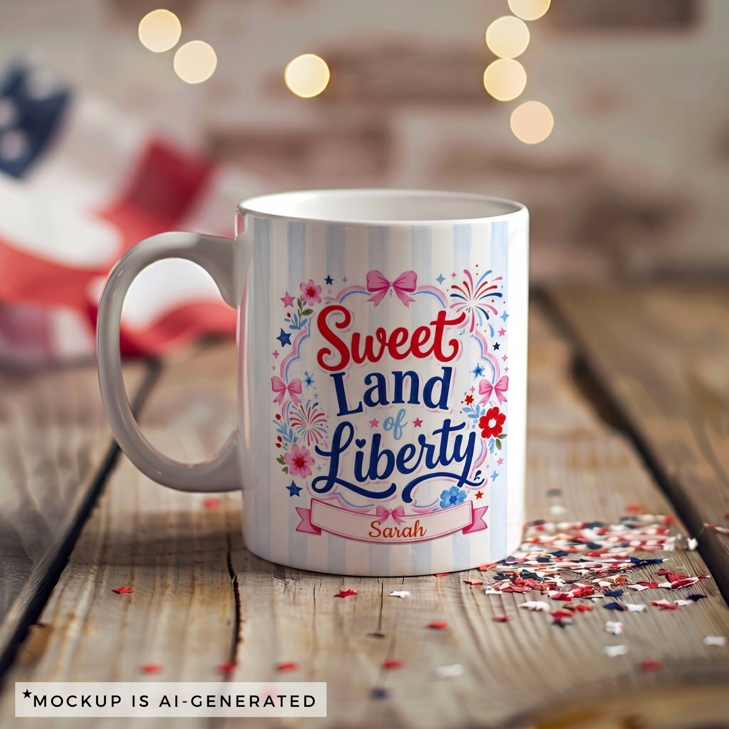 Sweet Land of Liberty Mug — Coquette 4th of July Gift, Personalized Name