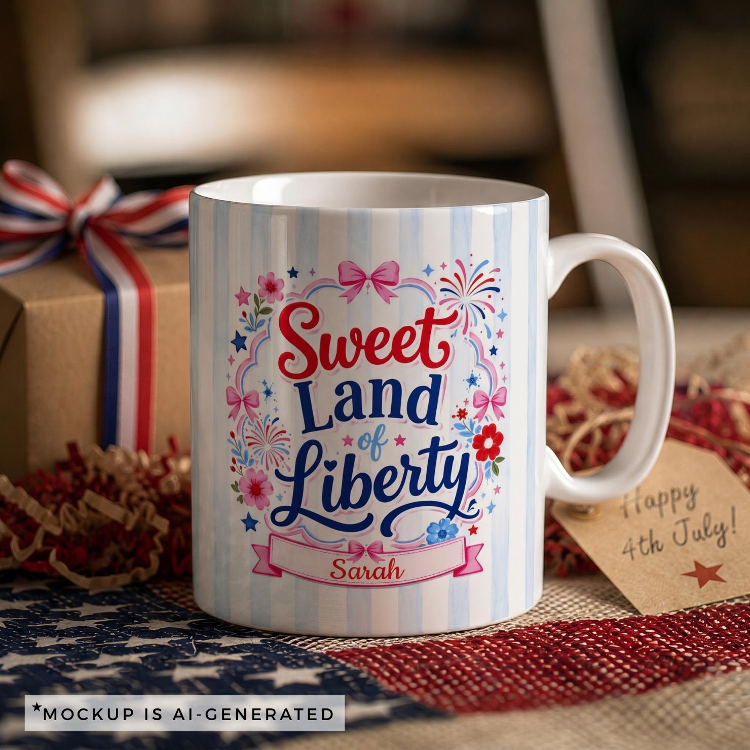 Sweet Land of Liberty Mug — Coquette 4th of July Gift, Personalized Name