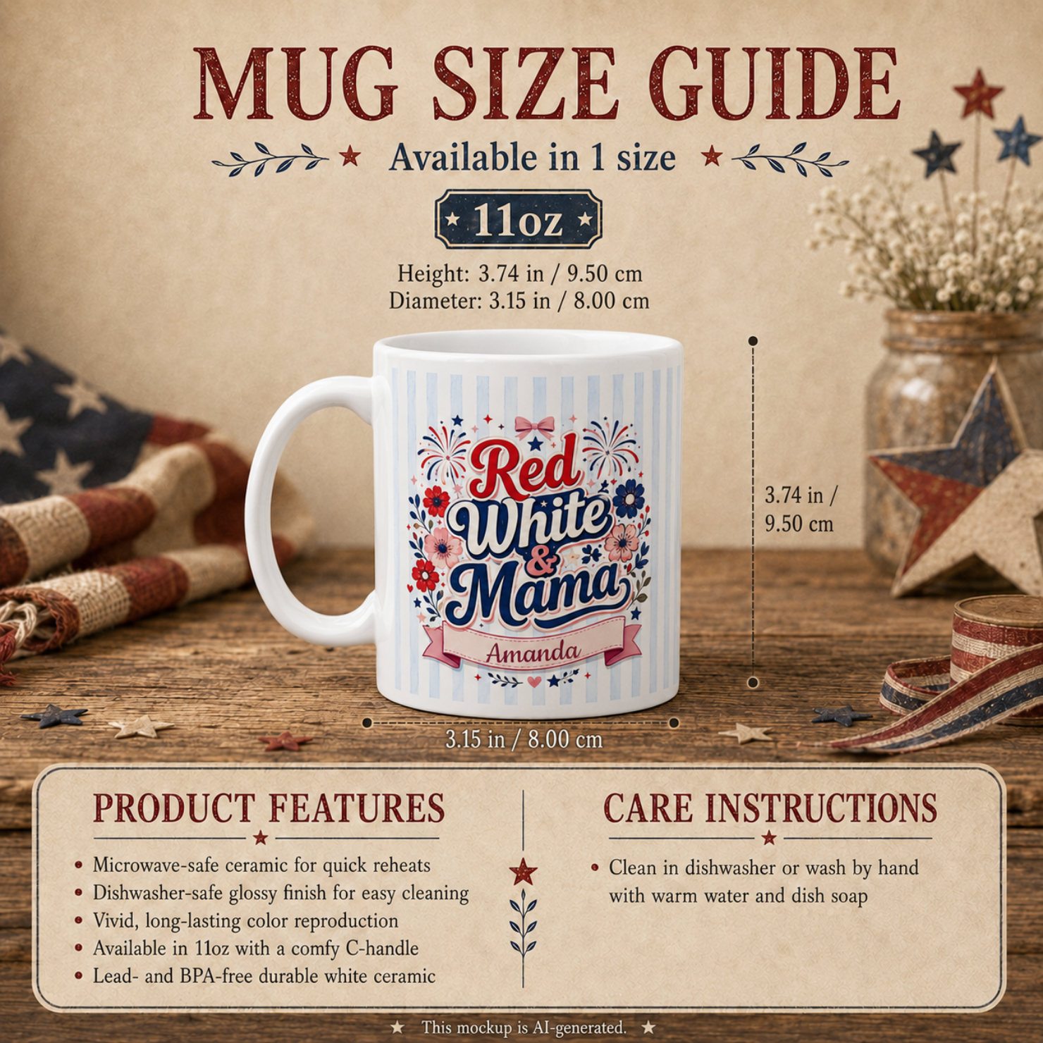 Red White and Mama ceramic mug — personalized Independence Day gift printed on demand