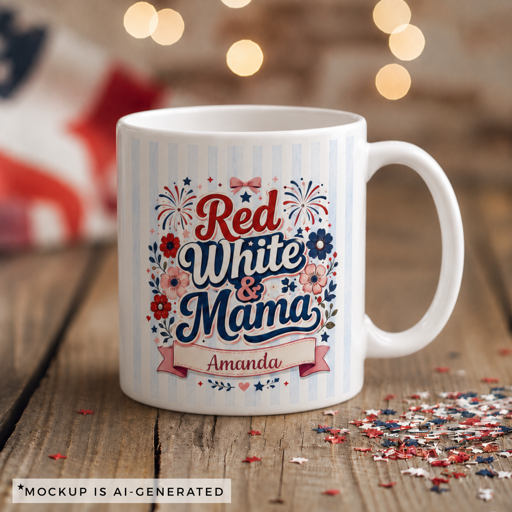 Personalized 4th of July mama mug — red white blue script with fireworks and pink florals