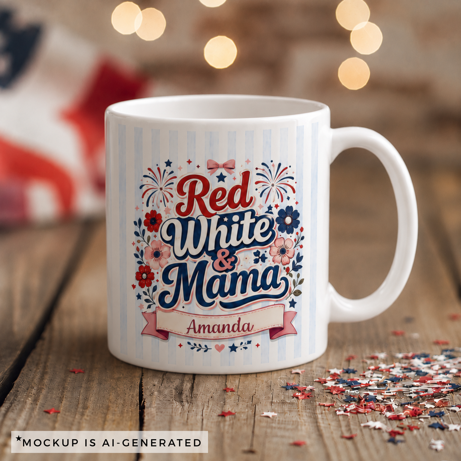 Personalized 4th of July mama mug — red white blue script with fireworks and pink florals