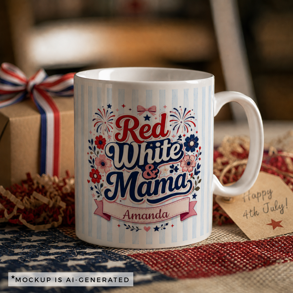 Red White and Mama mug front view — soft blue stripe background with custom name banner
