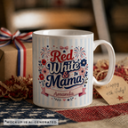 Red White and Mama mug front view — soft blue stripe background with custom name banner