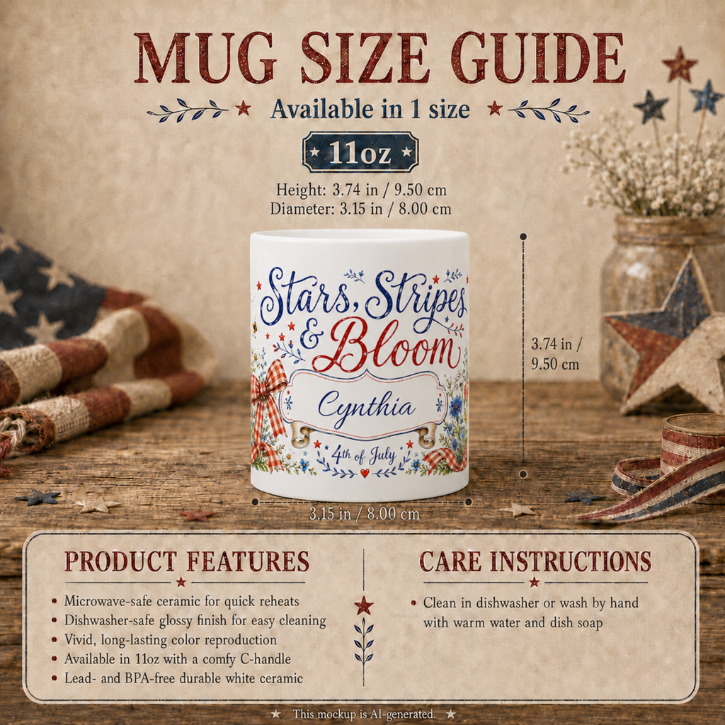 Stars Stripes and Bloom 11oz ceramic mug — personalized summer gift for her
