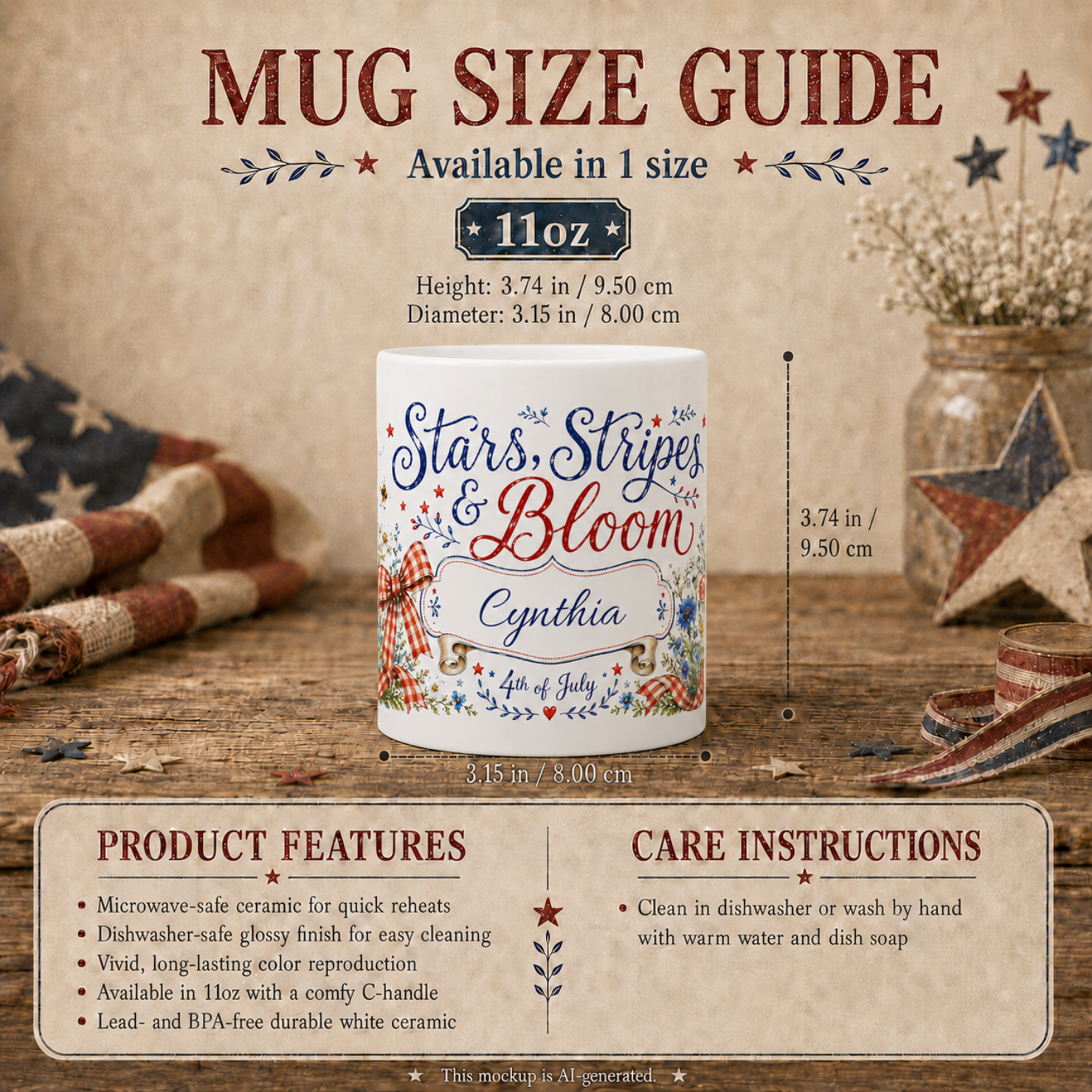 Stars Stripes and Bloom 11oz ceramic mug — personalized summer gift for her