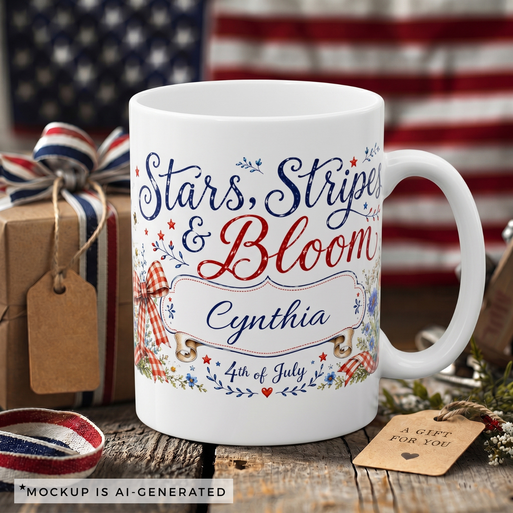 Stars Stripes and Bloom ceramic mug — navy and red hand-lettered script with floral detail