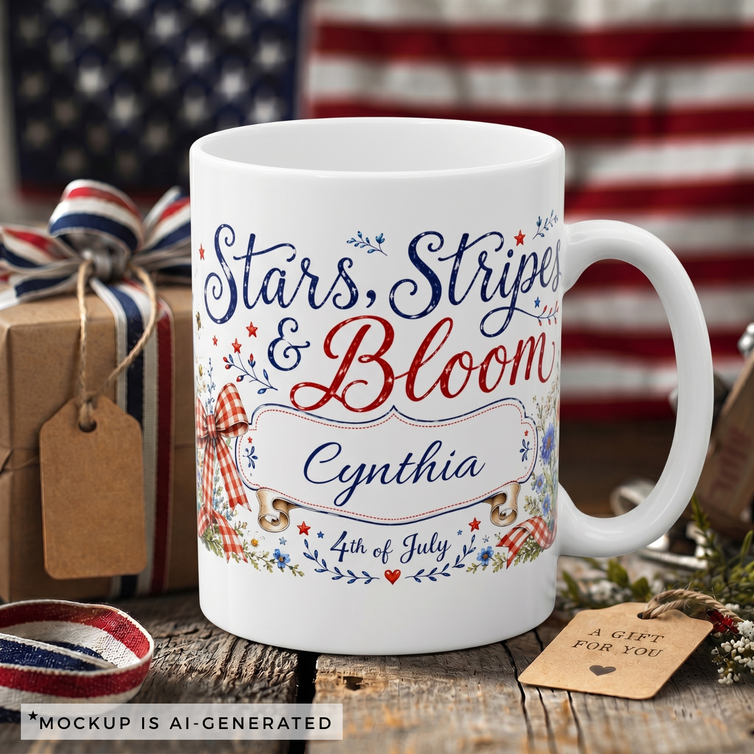 Stars Stripes and Bloom ceramic mug — navy and red hand-lettered script with floral detail