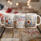 Personalized 4th of July mug with scroll banner — Stars Stripes and Bloom custom name gift
