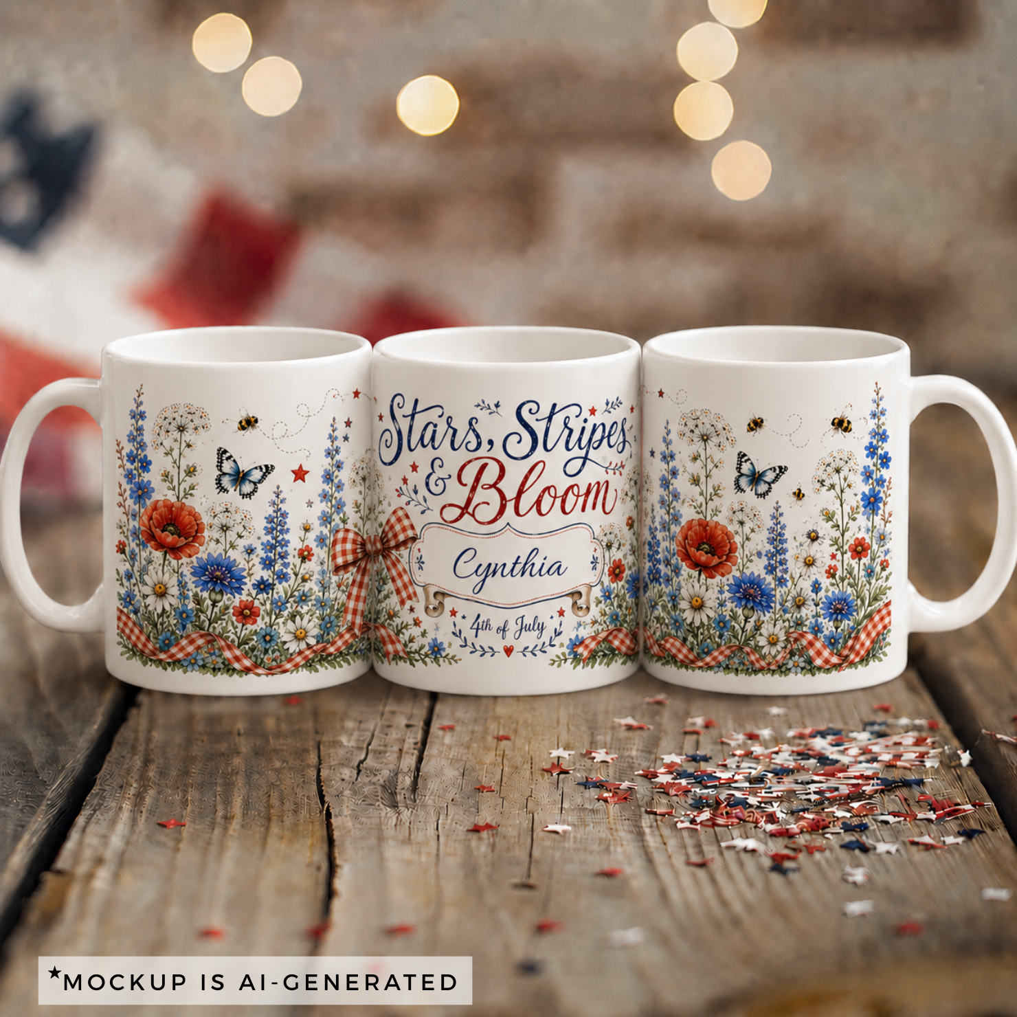 Personalized 4th of July mug with scroll banner — Stars Stripes and Bloom custom name gift