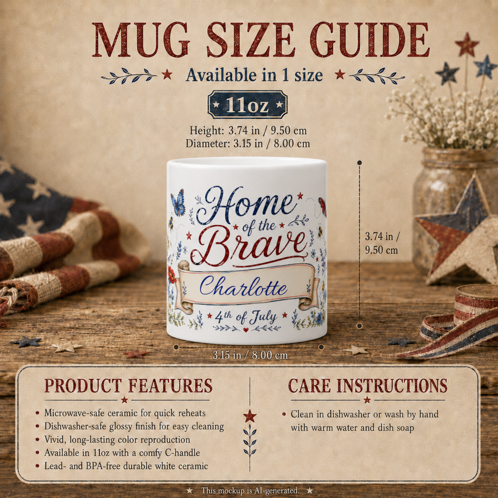 Home of the Brave 11oz ceramic mug — personalized summer gift for her with 4th of July design