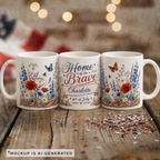 Personalized 4th of July mug with scroll banner — Home of the Brave custom name gift for her