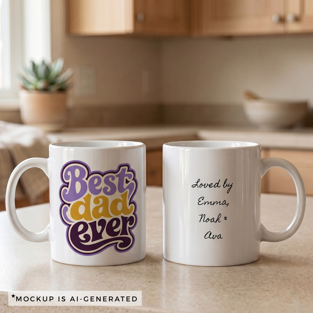 Best Dad Ever retro mug — bold stacked lettering in purple gold and deep plum