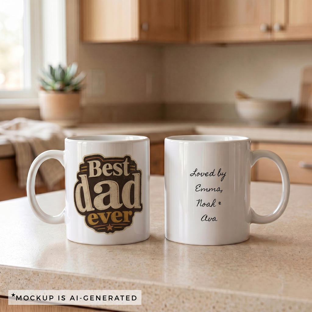 Best Dad Ever vintage mug — distressed badge design with bold stacked lettering and star detail
