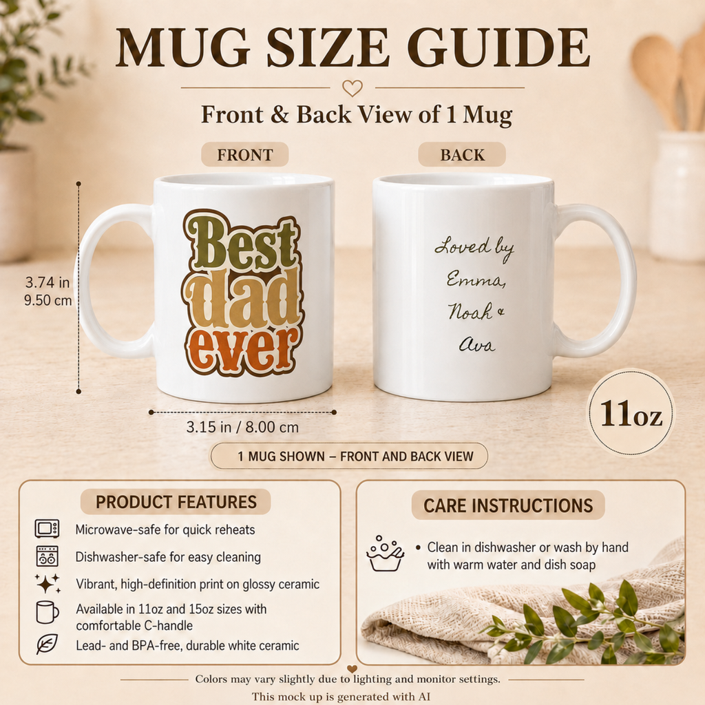 Best Dad Ever 11oz ceramic mug — retro 70s earth tones style printed on demand fast US shipping