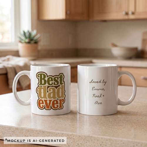 Best Dad Ever retro mug — bold stacked lettering in earthy green gold and orange tones