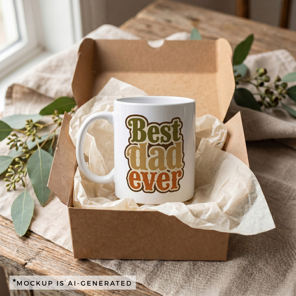 Earth tones dad mug front view — 70s inspired groovy typography Father's Day gift