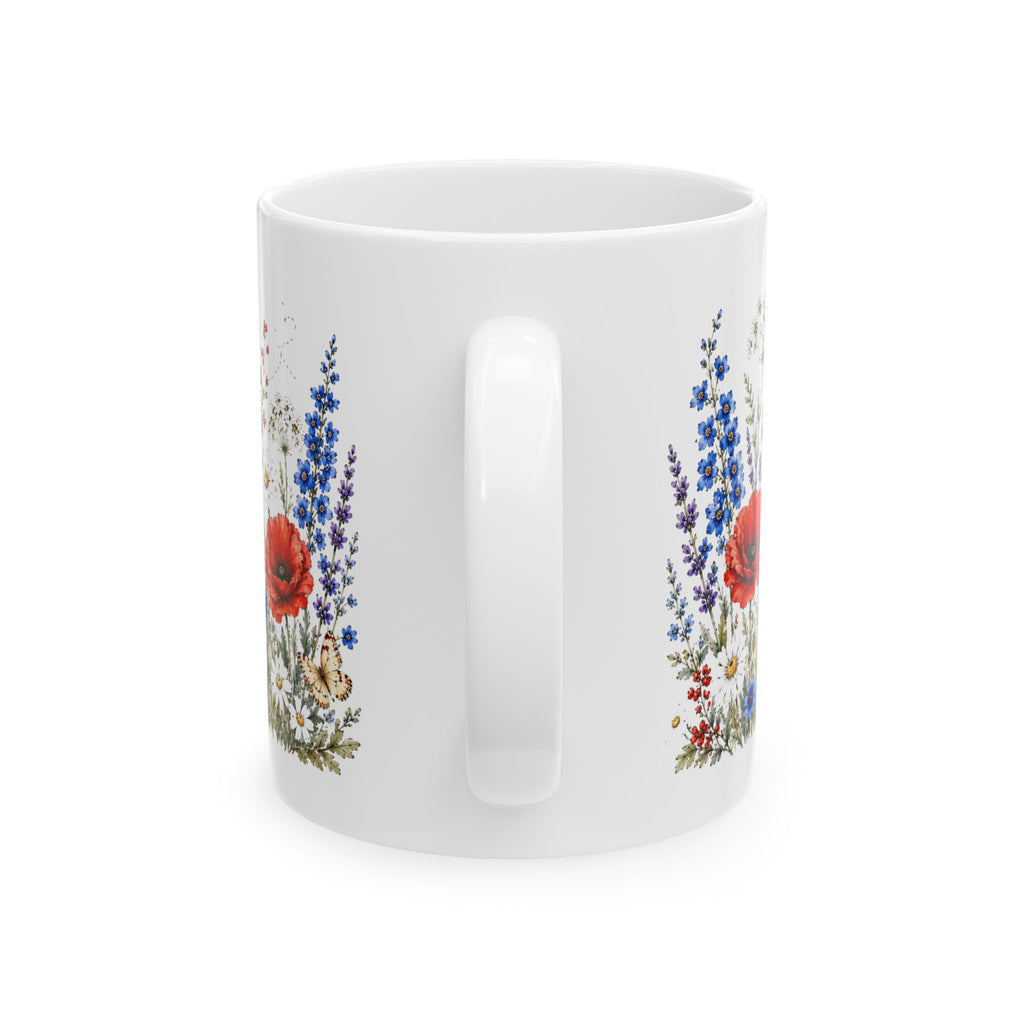 Americana patriotic mug close-up — hand-lettered Home of the Brave with vintage scroll banner
