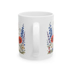 Americana patriotic mug close-up — hand-lettered Home of the Brave with vintage scroll banner