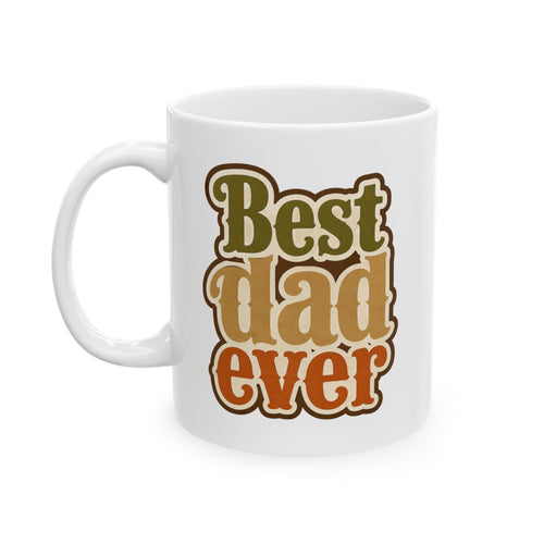 Best Dad Ever earth tones mug left side — retro 70s groovy design in olive green camel and burnt orange