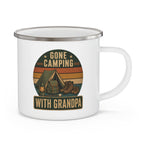 Gone Camping With Grandpa enamel mug — retro vintage design with tent, lantern and boots
