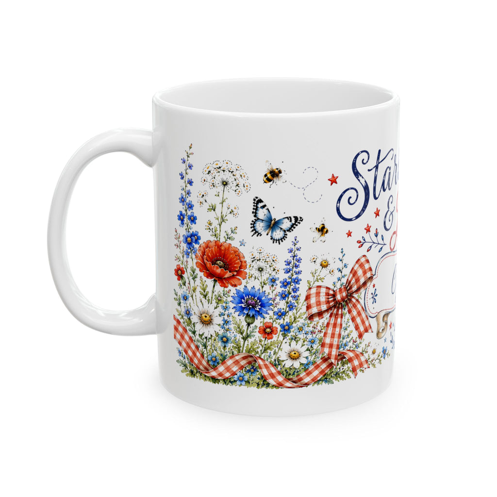 Custom name 4th of July mug — farmhouse patriotic style printed on demand fast US shipping