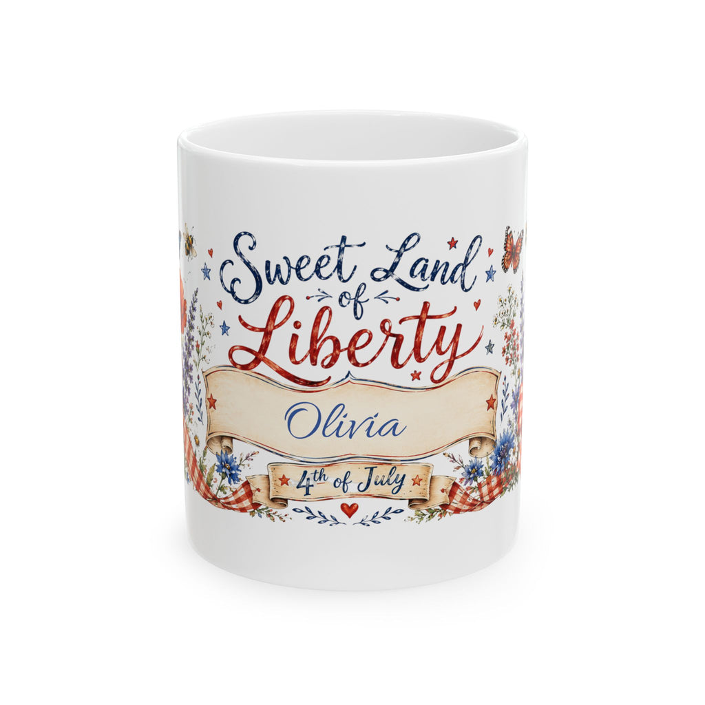Sweet Land of Liberty personalized 4th of July mug — watercolor floral design with custom name