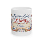 Sweet Land of Liberty personalized 4th of July mug — watercolor floral design with custom name