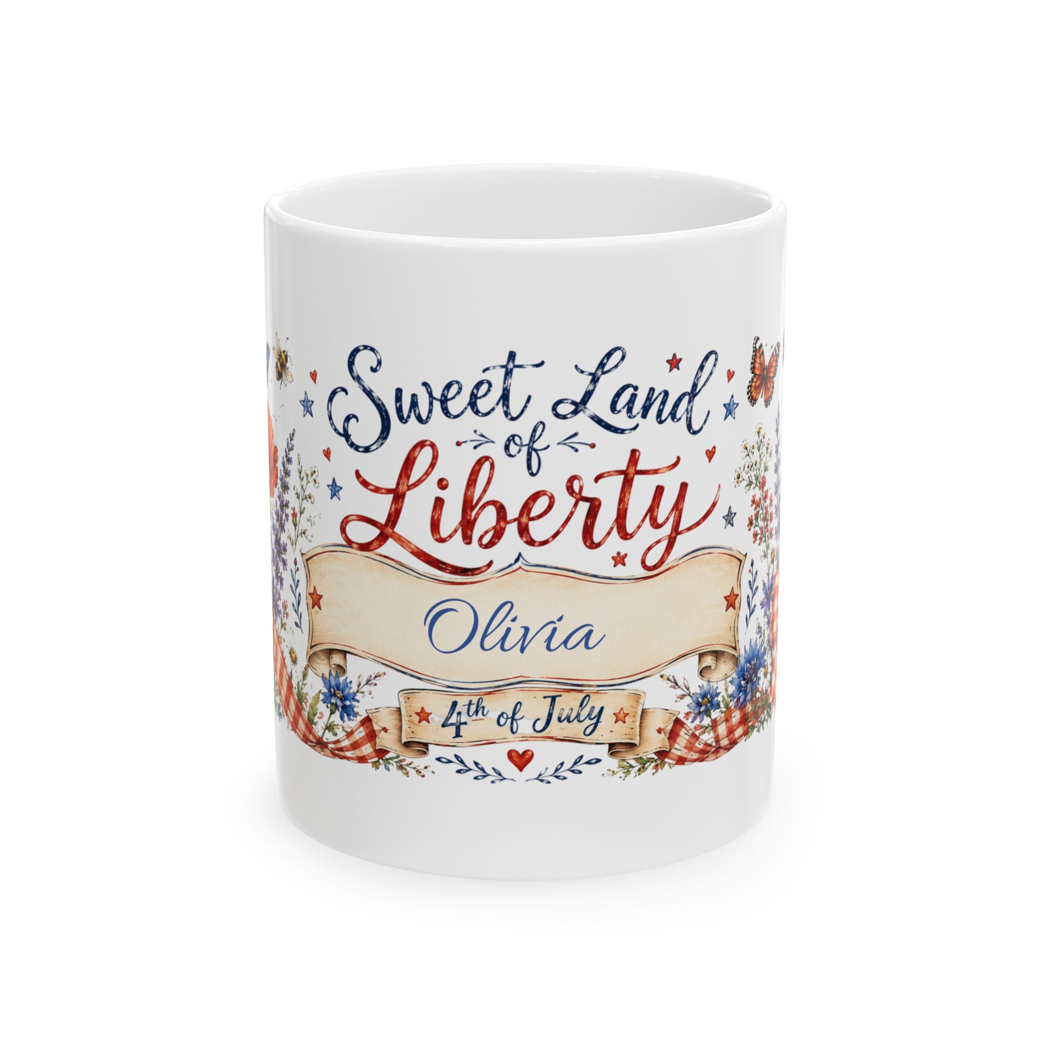 Sweet Land of Liberty personalized 4th of July mug — watercolor floral design with custom name