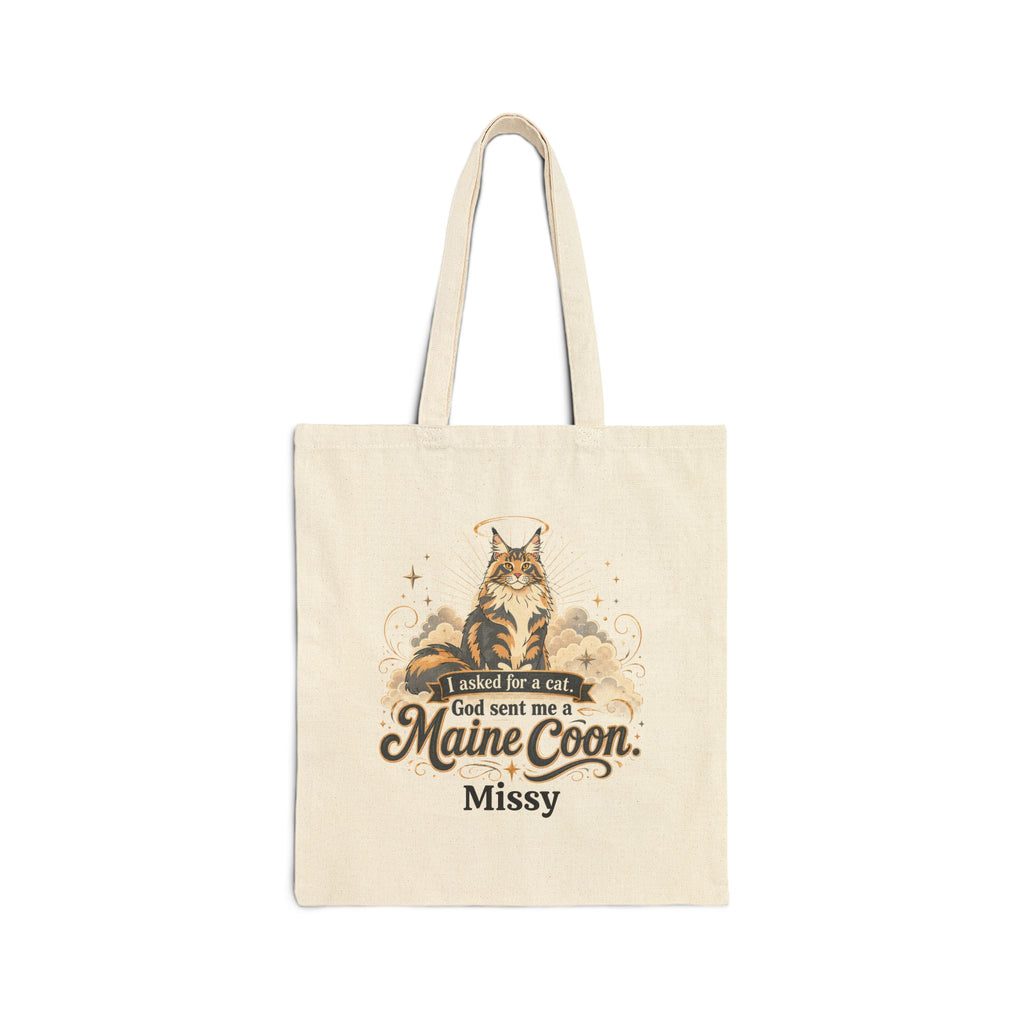 P045 Maine Coon Tote Bag — "God Sent Me a Maine Coon" Personalized Cat Canvas Tote