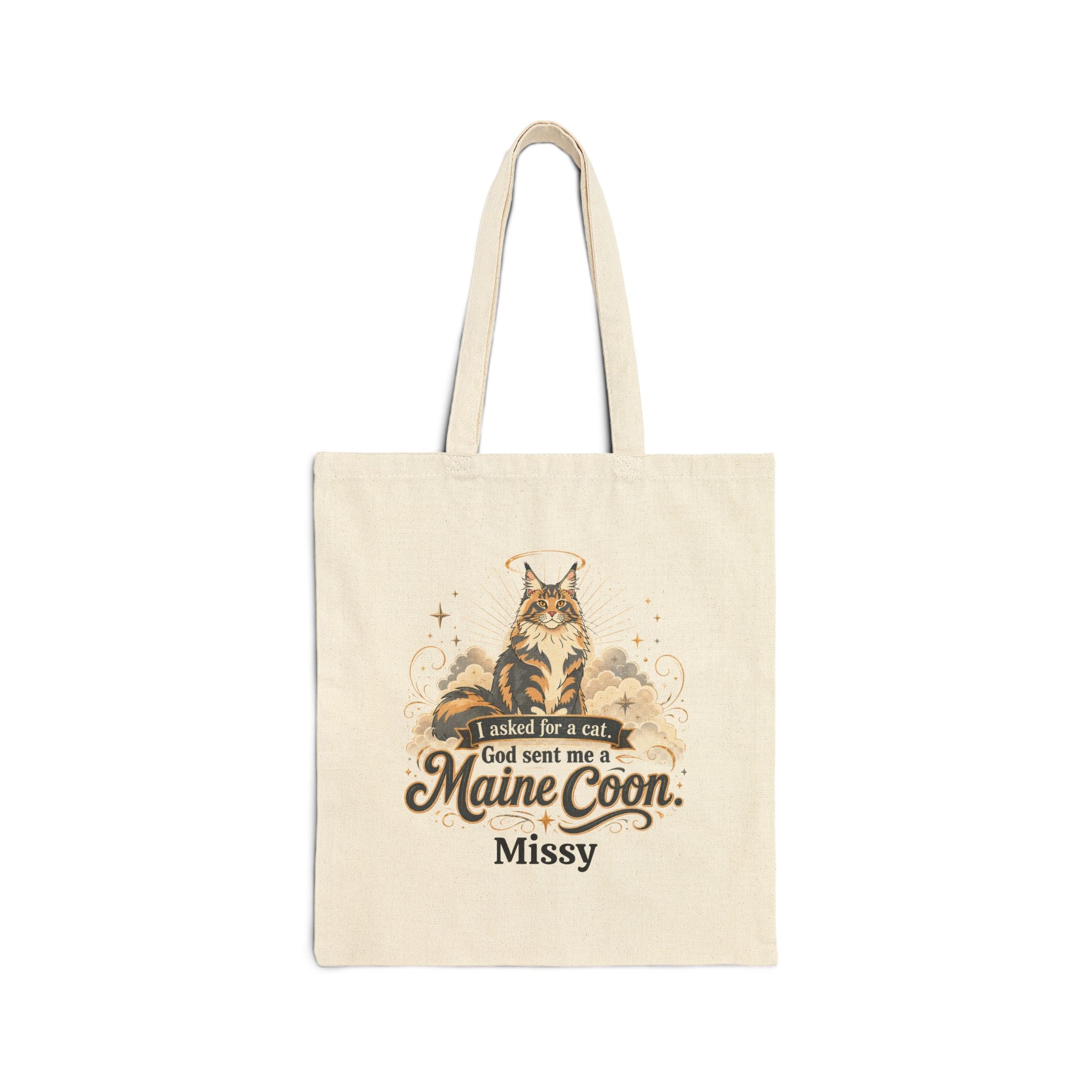 P045 Maine Coon Tote Bag — "God Sent Me a Maine Coon" Personalized Cat Canvas Tote