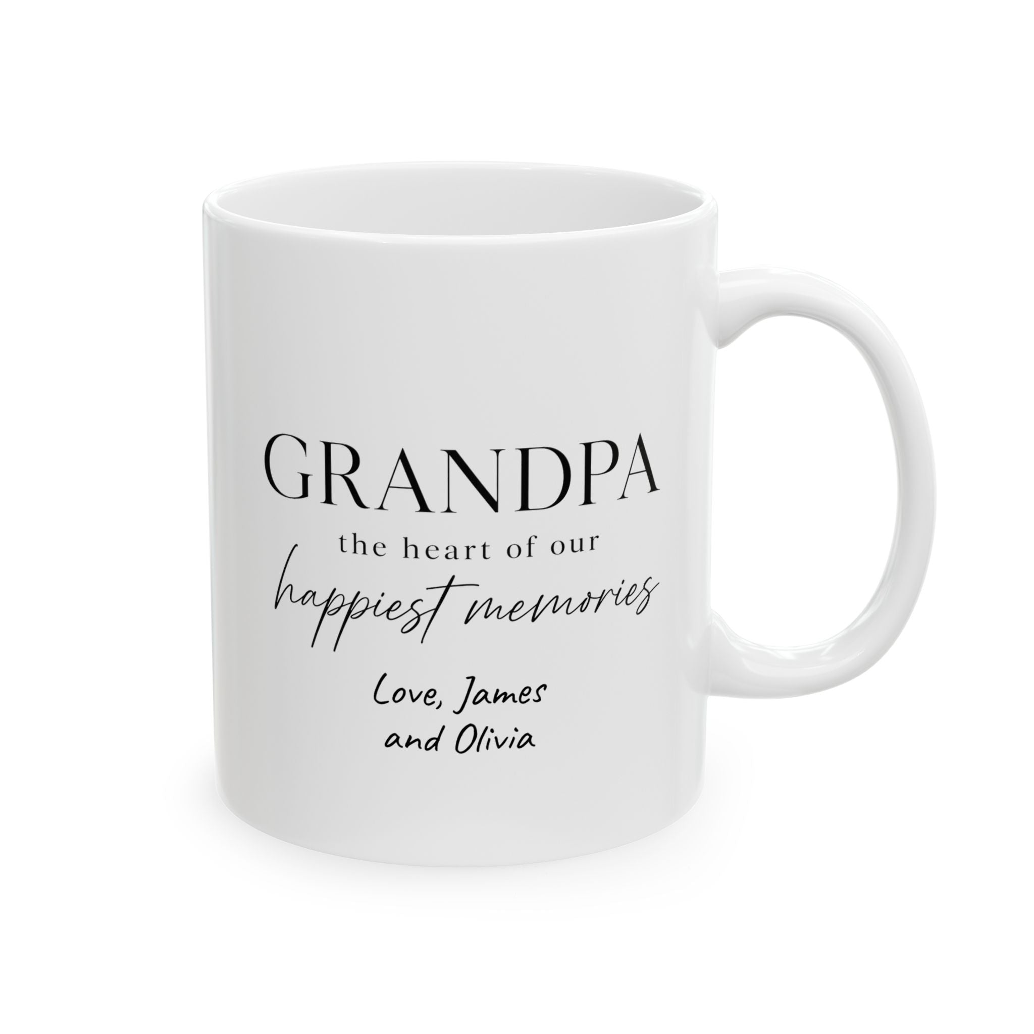 Grandpa the heart of our happiest memories mug — personalized with grandkids names