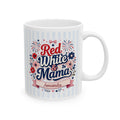 Red White and Mama mug left side — blue stripes with pink bow, florals and personalized name