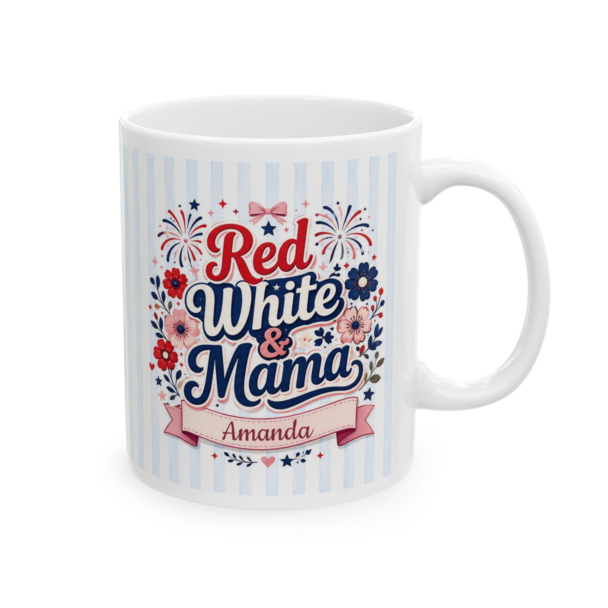 Red White and Mama mug left side — blue stripes with pink bow, florals and personalized name